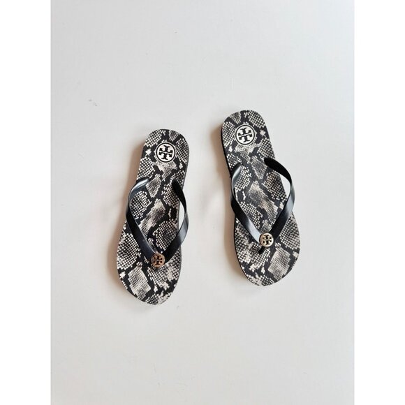 TORY BURCH Kira Black Snake Gold Logo Medallion Rubber Thong Flip Flops, Size 10 - Picture 1 of 5